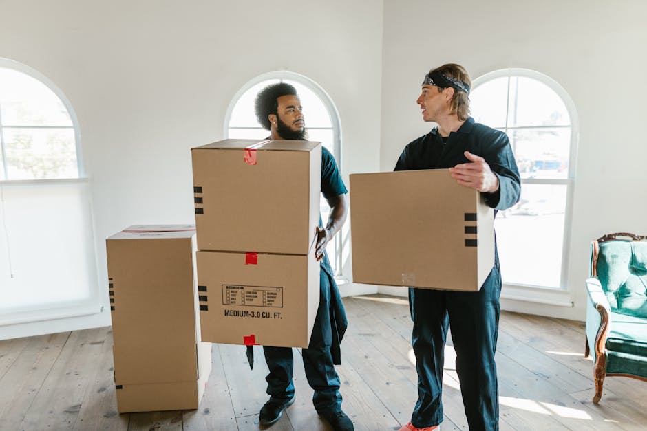 Two professional movers from Man With a Van Maida Hill are inside a well-lit room with large arched windows. They are handling cardboard boxes for home relocation, with one man holding a two-tiered box stack and the other carrying a single box. The boxes are medium-sized, made of brown cardboard, some with red packing tape and labels, ready for furniture transport and packing and moving purposes. Behind them, additional boxes are stacked on the wooden floor, indicating a carefully organized packing process. To the side, a vintage-style armchair with wooden legs and green upholstery is partially visible. The movers wear casual dark clothing suitable for loading and unloading tasks, and the room has a neutral, airy atmosphere, suggesting a careful loading process in preparation for a house removal. This scene illustrates the ongoing steps involved in house removals, coordinated by [COMPANY_NAME] as part of efficient moving logistics.