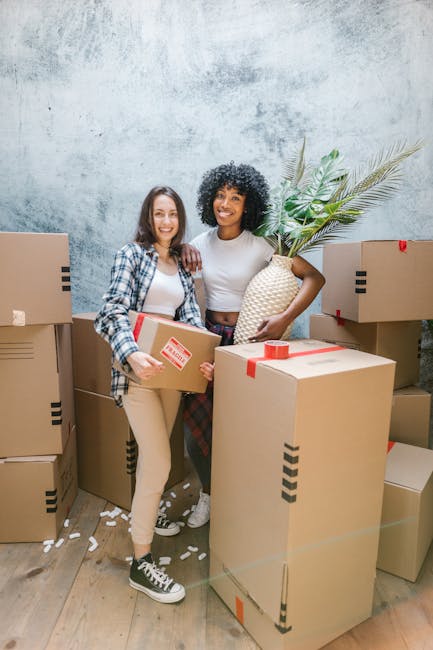 Two women are standing indoors surrounded by cardboard boxes of various sizes, which are stacked and arranged on the wooden floor. One woman, with shoulder-length brown hair and wearing a plaid shirt and light trousers, is holding a small box with red and white labels. The other woman, with curly black hair and wearing a white t-shirt and patterned trousers, is carrying a large decorative vase with green palm-like leaves. The scene appears to depict the home relocation process, with the women preparing to move or pack belongings. The background features a textured light grey wall, and the lighting is bright and even, highlighting the details of the boxes and packing materials. Man With a Van Maida Hill, a professional removals service, might assist with such packing and moving tasks, which are part of home relocation activities involving furniture transport and packing logistics.